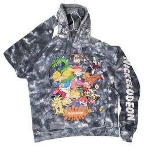 Nickelodeon Hoodie Unisex L Gray Tie Dye 90s Cartoon Characters Cracked Graphic